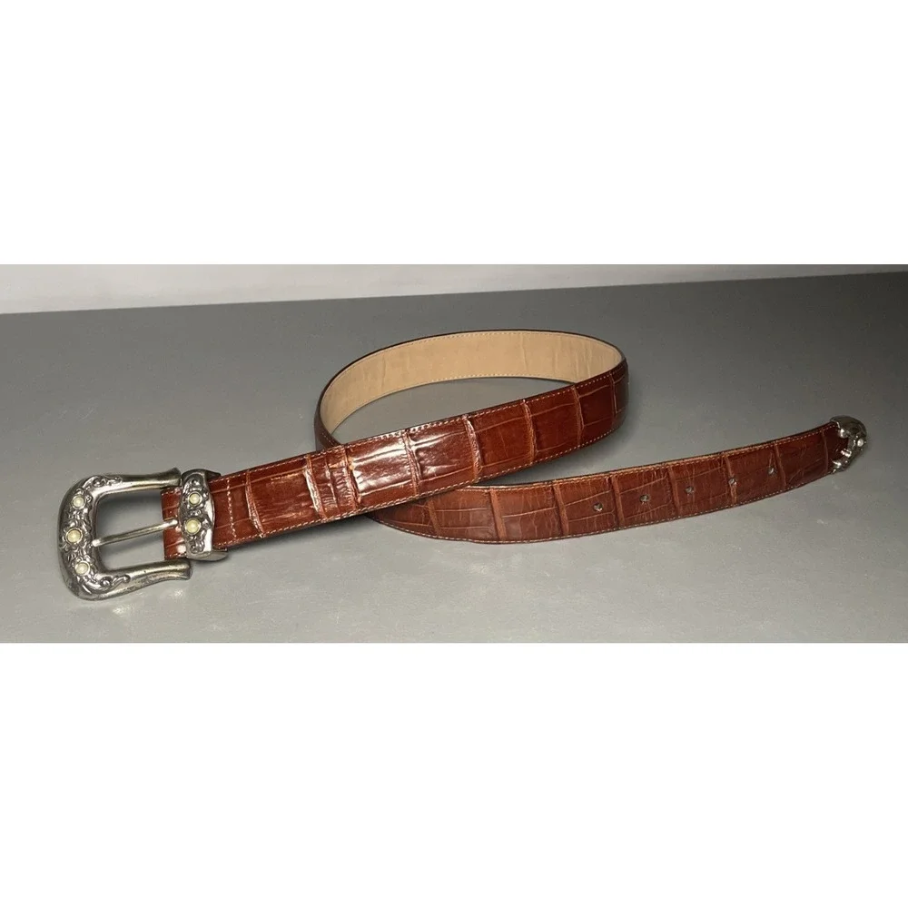 Vintage Brighton Western Faux‎ Pearl Croc Embossed Brown Leather Belt Size Large